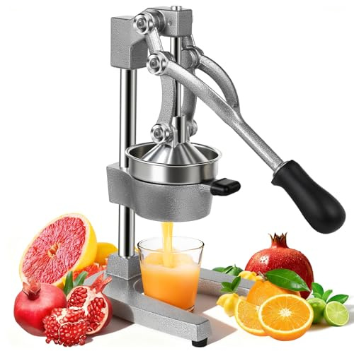 cast iron juicer Heavy Duty Manual Juicer for Whole Fruit, Juicer Manual Press with 304 Stainless Steel Strainer, Easy Clean Commercial Orange Juice Maker for Home Kitchen Camping & Bar, Grey