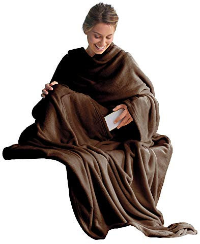 CelinaTex TV-Decke mit Ärmeln und Fußtasche Flauschige Kuscheldecke XL 170 x 200 cm dunkel braun Mikrofaser Fleece Soft Oeko-TEX