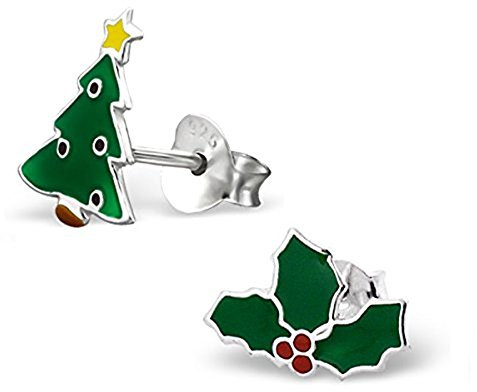Sterling Silver Christmas Earrings - Tree and Holly