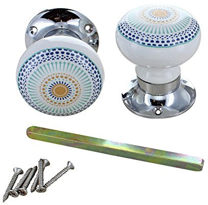 G Decor Positive Energy Blue Colour Ceramic Silver Chrome Mortice Door Knobs Interior, Home Improvement Accessories, Bedroom Bathroom Kitchen Handles (Pair)