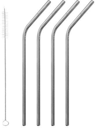 QWETCH - Lot de 4 pailles coudées + Goupillon - Acier Inoxydable réutilisable, 100% ECO - inox brossé - 21 cm