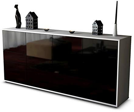 Stil.Zeit Sideboard Gemma, Korpus Weiss matt, Front Hochglanz Schwarz (180x79x35cm) Push-to-Open Technik & Leichtlaufschienen