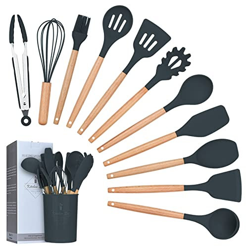 Lychee 12pcs Silicone Cooking Kitchen Utensils Set with Holder, Nonstick Cookware,Heat Resistant Wooden Handles Cooking Tool, BPA Free Non Toxic Tongs Spatula Spoon Kitchen Gadgets Set (Grey)