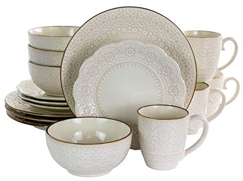 Elama Embossed Scalloped Stoneware Dinnerware Dish Set, 16 Piece, Ivory