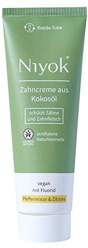 Niyok® Kokosöl Zahnpasta ohne Mikroplastik Plastik | Bio Naturkosmetik Sensitiv auch für Kinder ab 6 Jahren | Herbal | natürliche Zahncreme VEGAN | Pfefferminze & Zitrone mit Fluorid (75ml)