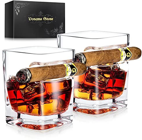 Vonams Stone Whiskey Glasses Set of 2 -12oz Old Fashioned Glass With Side Mounted Holder Rest - Crystal Wine Cup for Cocktails, Scotch, Bourbon, Gifts for Men