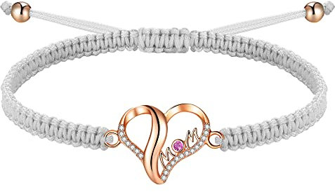 J.Endéar Mutter Herz Roségold Armband für Damen Silber 925, Kordel Seil Verstellbares Handgefertigt Geflochtene Armband Rot Cubic Zirkonia Schmuck Mama Geschenk, Grau