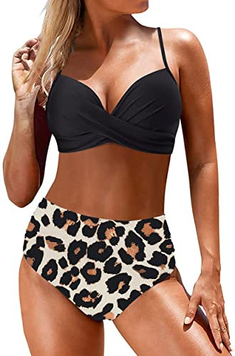 Yutdeng Swimwear Damen Zweiteiliger Badeanzug mit Bügel Crossover Bademode Push-up Bikinioberteil mit Schultergurt Wickel Hohe Taille Bikinihose Bedruckter Plissee-Bikini Set,Leoparden,M