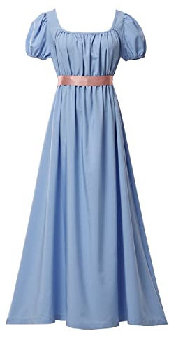 COSDREAMER Women Medieval Victorian High Waist Retro Regency Dress Ladies Retro Ribbon Ruffled Puff Sleeve Dress Light Blue
