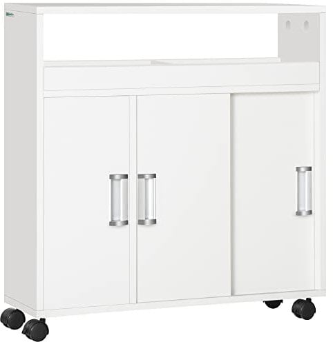 kleankin Armario de Baño con 2 Estantes Abiertos 3 Puertas y Balda Interior Ajustable Mueble Auxiliar de Almacenaje con Ruedas para Salón Cocina Dormitorio 70x20x71 cm Blanco