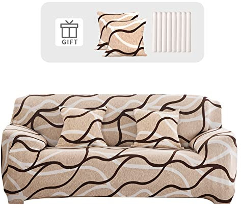 Lydevo Sofabezug 2 Sitzer Stretch Sofahusse Elastischer Sofabezug Spandex Sofa Überzug mit 2 Kissenbezug Anti-Rutsch Waschbar Sofa Protection Cover Schonbezug Couch,Kaffeelinie