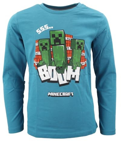 Minecraft Creeper Kinder Langarmshirt – Gamer Shirt für Jungen – 100% Baumwolle – Größen 116 bis 152 – Hellblau oder Dunkelblau