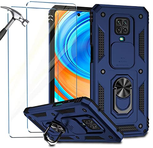NEINEI Funda para Xiaomi Redmi Note 9 Pro/9S con 2 Vidrio Templado,Funda con Protección de la Cámara,Militar Carcasa Caso con Magnético y Soporte Outdoor Proteccion Case Cover,Azul