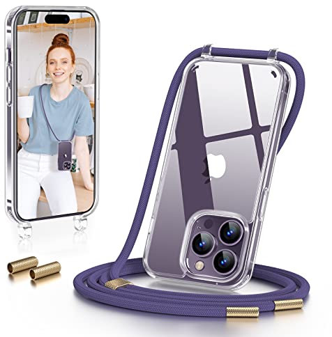 GOODVISH Coque pour iPhone 14 Pro Max 6,7 Pouces avec Cordon de Collier, Coque Transparente TPU Bumper Etui Housse avec Cordon Réglable Téléphone Lanyard Case Collier Cover, Violet Foncé