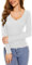 WOWENY Long Sleeve t Shirts Women V Neck Lace Stretch Plain Multiple Bright Colors Neck T Shirt Long Sleeve Top Ladies,White,M