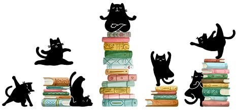 SUPERDANT Lesethema Wandaufkleber Yoga Katzen Wandsticker Schwarze Katzen Auf Den Büchern Wandtattoo Abziehen Und Aufkleben Vinyl Wandsticker Für Klassenzimmer Kinderbibliothek Kinderzimmer