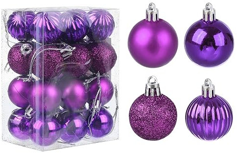 uxcell 24Pcs Purple 1.18 Christmas Balls Ornaments Shatterproof Ornaments Hanging Baubles for Xmas Trees, Wedding, Party Decorations