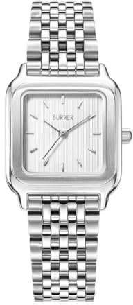 BURKER Damenuhr Macy, Quadratische Damen Armbanduhr Gliederarmband Edelstahl Analog Quarz 3-ATM Wasserdicht Geschenk für Frau, Freundin, Mama - 26 mm - Silber Weiß