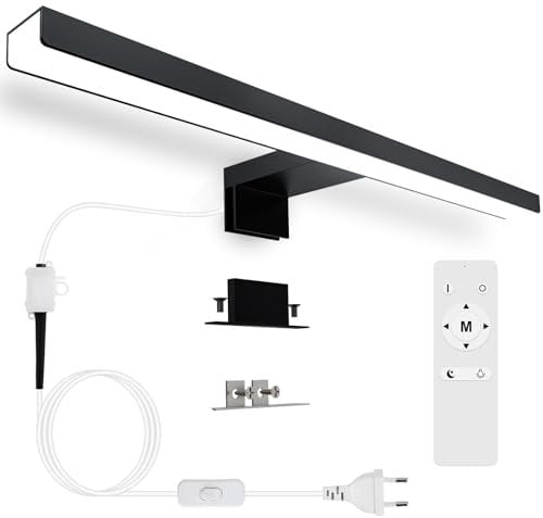 Karrong Spiegelleuchte Bad 40CM 12W mit Schalter Fernbedienung, Dimmbar 3000K Warmweiß 4000K Naturweiß 6000K Kaltweiß IP44 Wasserdicht Spiegellampe für Badzimmer Aluminium 1200LM, AC100-265V, Schwarz