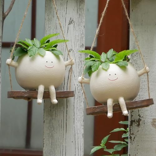 Xzunk 2 Pcs Swing Hanging Planter Cute Planter Pots for Outdoor Plants Indoor Face Hanging Head Succulent Pots for String Resin Lovely Flower Pots Plant Hanger Indoor with Drainage Hole Gifts