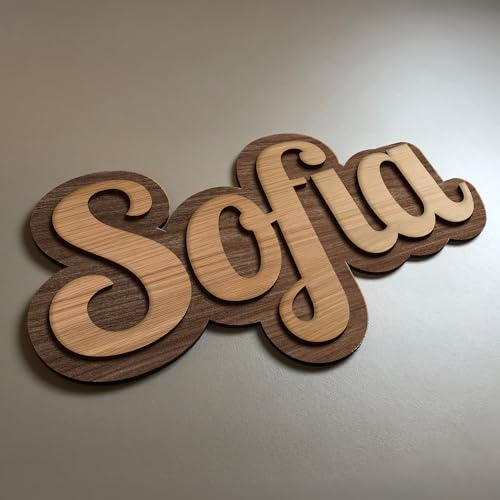 Personalisierbarer Vorname für Zimmertür, personalisierbar – personalisierbar – Schild aus Holz & Troglass Spiegel gestanzte Buchstaben (LUXE) (Nussbaum & Vorname Eiche)