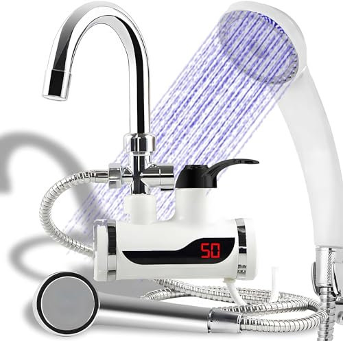 ClaShop Rubinetto scaldabagno elettrico e doccia portatile Scaldabagno istantaneo con display LCD della temperatura Rubinetto dell'acqua calda Scaldabagno istantaneo per orto Acqua calda istantanea
