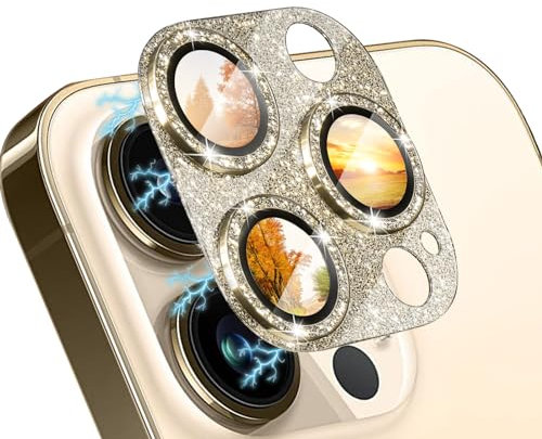 WoPail Diamante di Cristallo Protezione Fotocamera per iPhone 13 Pro/13 Pro Max, Donna Bling Anello Protezione Fotocamera Alluminio 9H Protettore Vetro Temperato Fotocamera per iPhone 13 Pro Oro