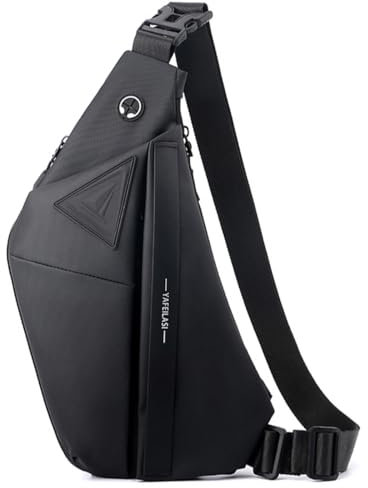 Schlanke Schultertasche, Diebstahlschutz, Crossbody-Brust-Schulter-Rucksack, wasserabweisend, persönliche Tasche für Wandern, Reisen, Schwarz, rechte Hand, 15.7 x 7.9 x 1.2 (H*L*W), Tragetasche