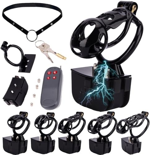 ScreaAss Elektroschock Peniskäfig 3D Belüfteter Harz Keuschheitskäfig Set Mit Elektrische Stimulation Cockringe, Gürtel Und Fernsteuerung Chastity Cage Bondage E-Stim Reizstrom-Geräte Sex Toy,M,60mm