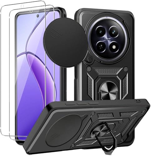 Coque pour Realme 12 5G/Realme 12X 5G avec Verre Trempé, Housse de Protection Militaire Anti-rayures + Support Métallique Rotatif à 360°, Antichoc Coque avec Lentille Coulissante Couverture, Noir