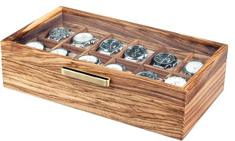 KITEISCAT Uhrenetui aus Zebraholz für Herren, 12 Fächer, Uhrenbox mit Glasdeckel & Uhrenkissen, Uhrenhalter, Uhrenvitrine, Uhrenbox-Organizer, Uhrenaufbewahrungslösung