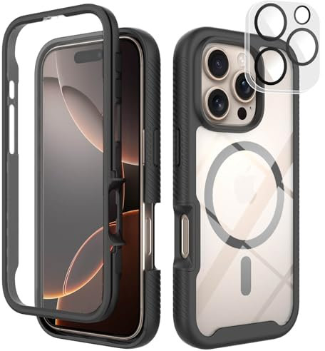 Leedia Handyhülle Kompatibel mit iPhone 16 Pro Magsafe Hülle 360 Grad mit Eingebautem Schutzfolie Kameraschutz Stoßfest Schutzhülle Magnetisch Klar Case für iPhone 16 Pro 6,3 Schwarz