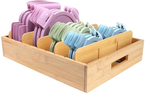 JOLIGAEA Deckel Organizer Küche aus Bambus, Topfdeckel Aufbewahrung mit 5 Verstellbaren Einlegeboden und Griffen, Topfdeckelhalter für Töpfe, Küchen Organizer Bambus, Küchenbasisschrank Organisation
