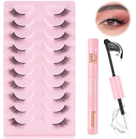 Oreola Ciglia corte per mezzo occhio di gatto naturale, sottili, leggere, trasparenti con nastro, 10 paia di ciglia di visone 3D riutilizzabili