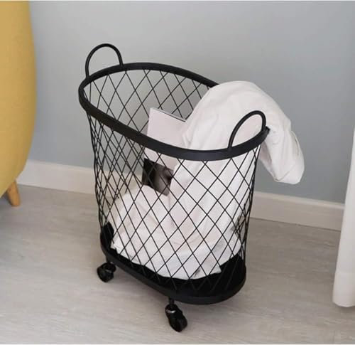 360° Rollender Wäschekorb Mit Rädern, Ovaler Runder Mesh-Metall-Aufbewahrungskorb Für Spielzeug, Schmiedeeiserne Küchen-Aufbewahrungsbox, Mobiler Und Lan(Size:17.72L x 17.72W x 25.2H,Color:Schwarz)