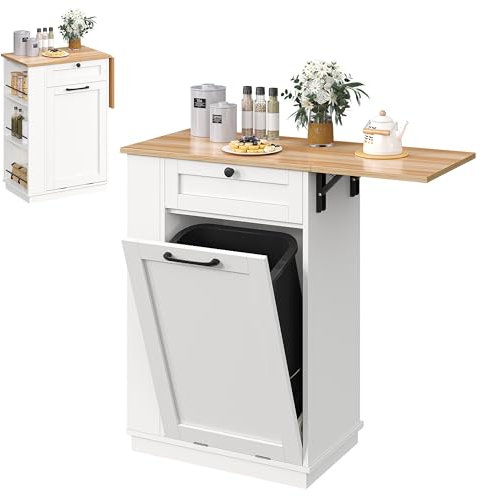 YITAHOME Buffet avec Poubelle Intégrée, Meuble de Cuisine avec Planche d'Extension, Rangement Latéral et Corbeille Inclinée, Îlot de Cuisine Autoportant sans Bac à Ordures