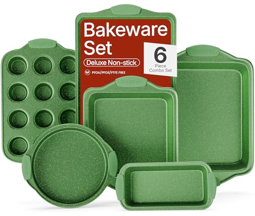 BAKKEN Kitchen Baking Pan Set - Nonstick Green Marble Coating, Carbon Steel Bakeware Sets with Green Silicone Handles, Kitchen Essentials, PFOA, PFOS, PTFE Free, Oven Safe (Up to 450° F), Set of 6