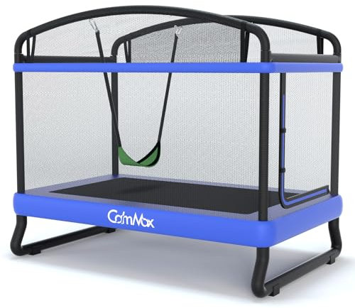 CalmMax 2 in 1 Kindertrampolin mit Schaukel, Gartentrampolin mit Sicherheitsnetz & Randabdeckung, Indoor-/Outdoortrampolin für Kinder bis 50kg Belastbar, Rechteckig Blau