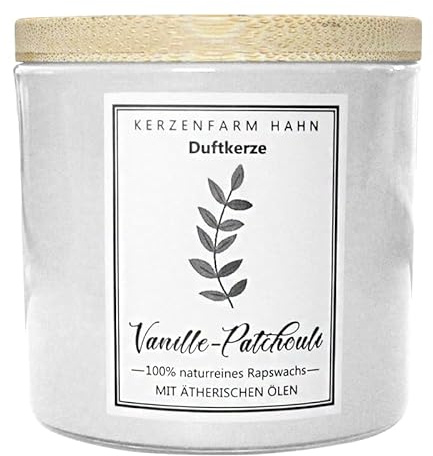 Duftkerze im Glas, Vanille-Patchouli, 100% pflanzliches Rapswachs, KERZENFARM HAHN, mit reinen ätherischen Ölen, Brenndauer ca. 17h