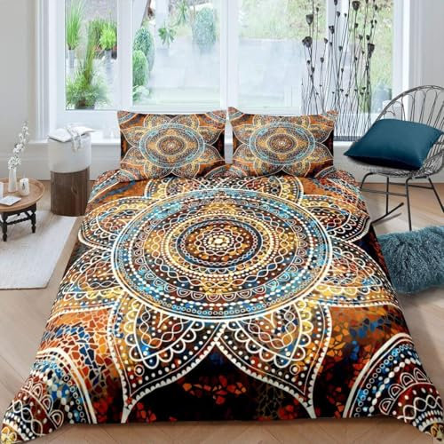 Loussiesd Hippie Mandala Bettwäsche Set 135x200cm Boho Mandala Paisley Bettbezug Set Böhmische Exotische Floral Bettwäsche-Set für Jungen Mädchen Teens Blumen Bettbezug