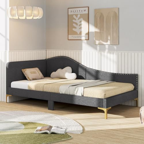 COSTWAY Linen Upholstered Daybed, Rivet-Tufted Single Sofa Bed Frame with Semi-enclosed Headboard & Underbed Storage, 2-In-1 Slats Support Guest Platform Day Bed Frame for Bedroom Living Room (Grey)