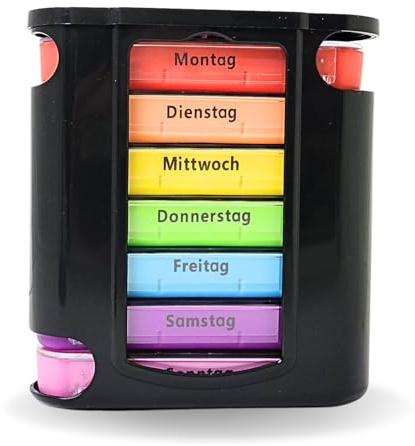 Frohbach 7 Tage Tablettenbox Schwarz - Seniorenfreundliche Medikamentenbox für 1 Woche, BPA Frei, perfekt für unterwegs & Zuhause - Morgens, Mittags, Abends, Nachts