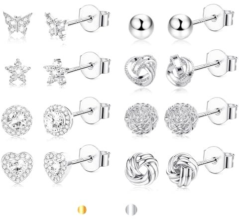 MILACOLATO Ohrstecker Silber 925 für Damen, 8 Paar Hypoallergene Ohrringe Silber Stecker in Blume Schmetterling Love Knot Herz Zirkonia Ohrstecker Set für Frauen und Teenager Mädchen