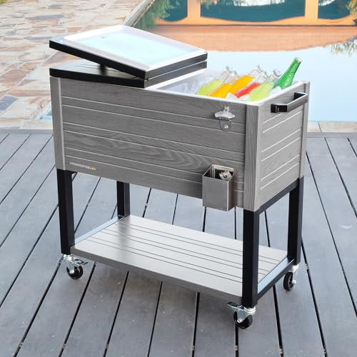 76L Portable Drinks Cooler for Garden Parties & BBQ Accessories, Portable Ice Box on Wheels, Insulated Garden Cool Box with Bottle Opener & Drainage Plug (Grey Wood Effect)