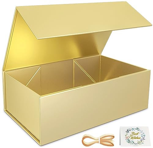 1 Pack Gift Boxes, 24 x 15 x 7.6 cm Gift Boxes for Presents with Lids Magnetic Closure Rectangle Collapsible for Groomsman Proposal Box, Wedding, Christmas, Halloween, Birthday Gift (Gold)