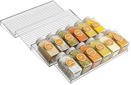 Lacusmall 4 Tier Spice Drawer Organizer, Clear Plastic Adjustable Seasoning Rack Tray for Kitchen Drawers, Cabinets Countertops Expandable Storage for Spice Jars (No Jars)