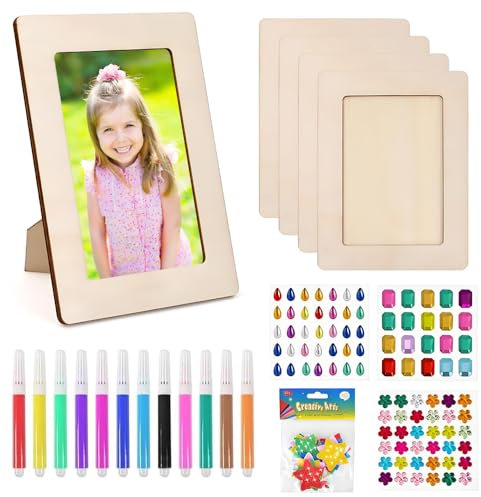 21PCS Picture Frame Painting Craft Kit, Wooden Photo Frame, 5PCS DIY Kids Photo Frame with Glitter Stickers and Color Pens, Craft Photo Frames to Decorate for Birthdays or Other Occasions