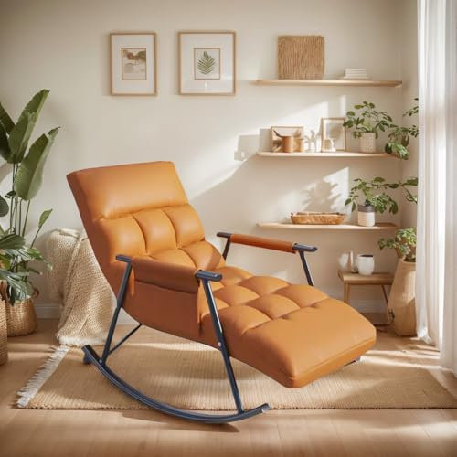 Ueiwffzo Schaukelstuhl Wohnzimmer, Schaukelsessel mit 5-Fach Verstellbares Fußstütze und Rückenlehne, Schaukelstühle mit Gepolsterter, Relaxsessel Belastbarkeit Bis 150kg (Orange)