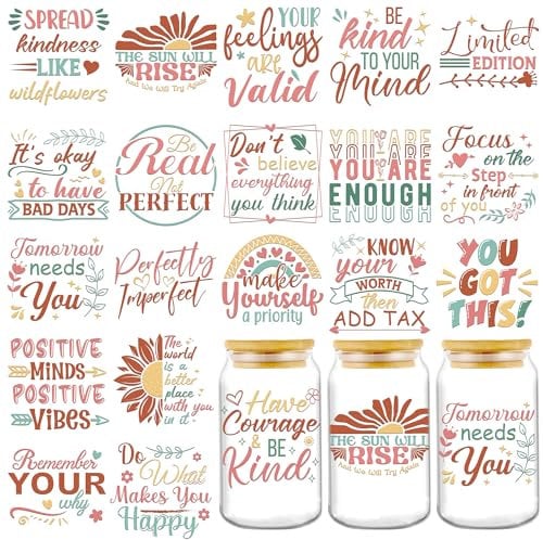 INCOK Rub on Transfers for Crafts - 20 Sheets Colorful Mental Health UV DTF Glass Wraps for 16 oz Water Bottle, Daily Inspiration Sayings Coffee Mug Stickers Stress Relief Decal Crafts