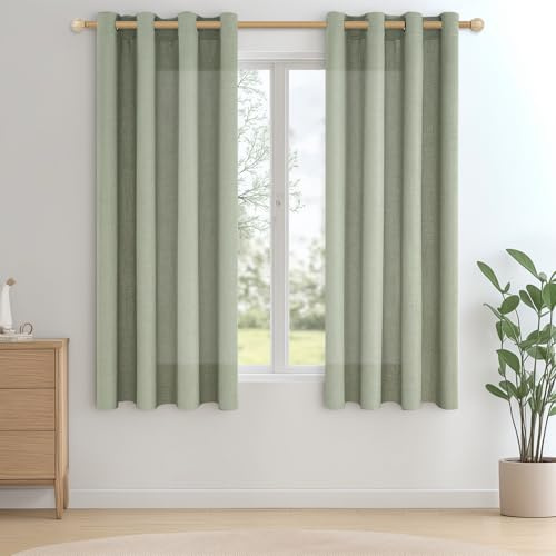 CUTEWIND Gardinen mit Ösen Salbeigrün Leinenoptik Kurz Fenster Wohnzimmer, Vorhang Leinen Halbtransparent Ösenschal 2er Set H 175 x B 140 cm Vorhänge Landhausstil für Küche Schlafzimmer